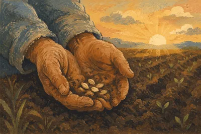 Farmer Hands Praying Over Seeds and Soil