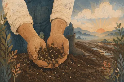 Praying Farmer Hands Holding Soil and Seeds