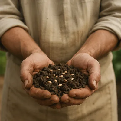 Praying Farmer Hands Holding Soil and Seeds