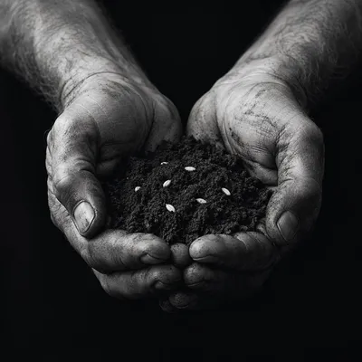 Prayerful Farmer Hands Holding Soil and Seeds