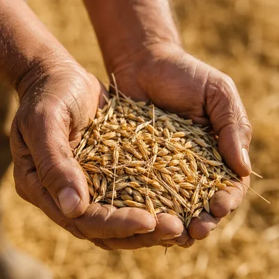 Farmer Hands Praying Over Golden Seeds