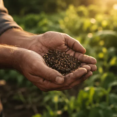 Prayerful Farmer Hands Holding Soil and Seeds