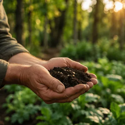Praying Farmer Hands Holding Soil and Seeds