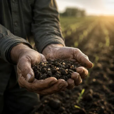 Farmer Hands Holding Seeds in Prayer