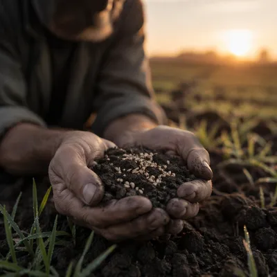 Farmer Hands Praying with Soil and Seeds