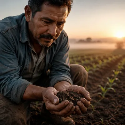 Farmer Praying with Soil and Seeds