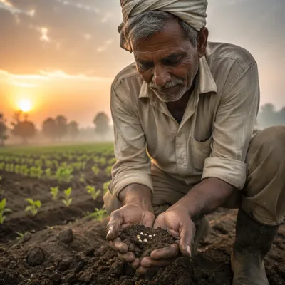 Farmer Praying with Soil and Seeds at Dawn