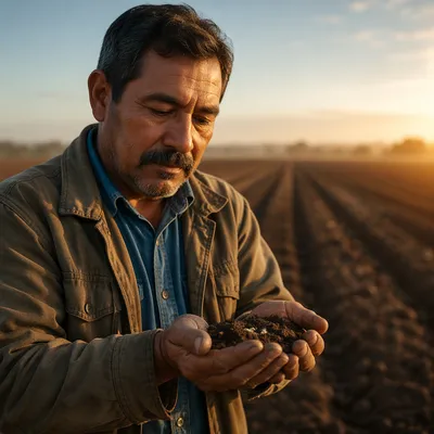 Farmer Holding Soil and Seeds in Prayer