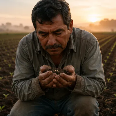 Farmer Praying Over Seeds at Dawn