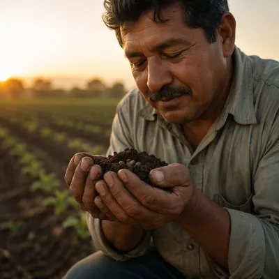 Farmer Praying Over Seeds at Dawn