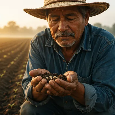 Farmer Holding Soil and Seeds at Sunrise