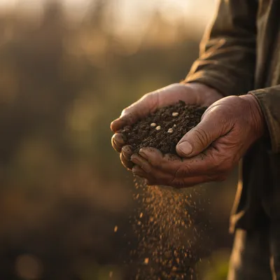Farmer Hands Praying Over Soil and Seeds