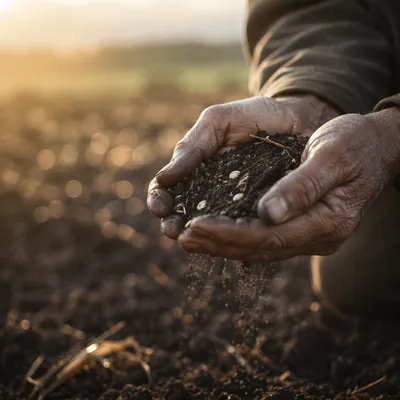 Praying Farmer Hands Holding Soil and Seeds