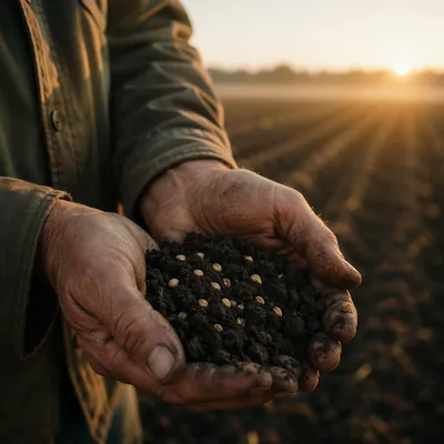 Praying Farmer Hands Holding Seeds and Soil