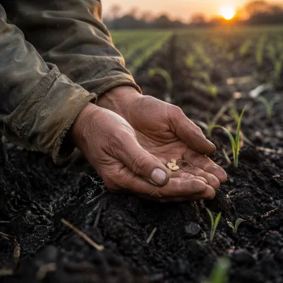 Farmer Praying Over Seeds in Morning Soil