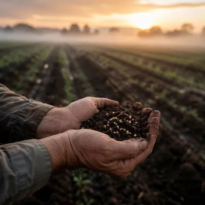 Prayerful Farmer Hands Holding Seeds and Soil