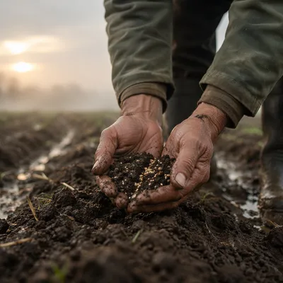 Praying Farmer Hands Holding Seeds in Soil