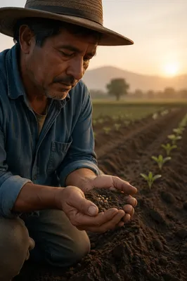 Farmer Praying with Soil and Seeds