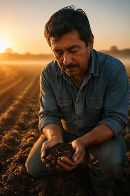 Farmer Praying with Seeds at Sunrise