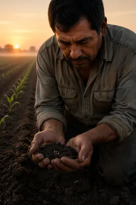Farmer Praying Over Seeds at Dawn