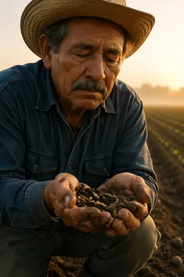 Farmer Holding Soil and Seeds at Sunrise
