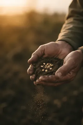Praying Farmer Hands Holding Soil and Seeds