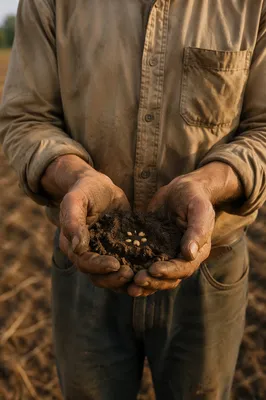Praying Farmer Hands Holding Soil and Seeds