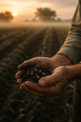 Prayerful Farmer Hands Holding Seeds and Soil