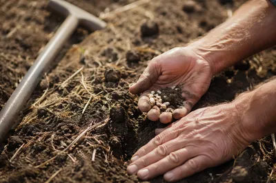 Farmer Hands Planting Seeds in Prayer