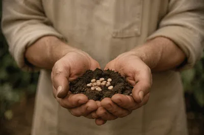 Prayerful Farmer Hands Holding Soil and Seeds