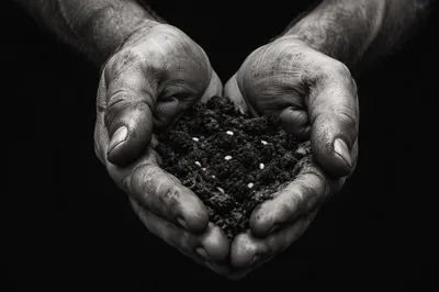 Praying Farmer Hands Holding Soil and Seeds