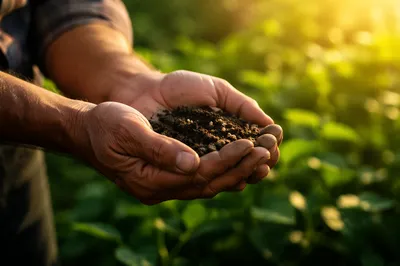 Praying Farmer Hands Holding Soil and Seeds