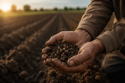 Farmer Hands Holding Seeds in Prayer