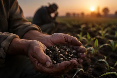 Farmer Hands in Prayer with Seeds
