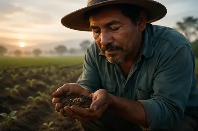 Farmer Holding Soil and Seeds at Dawn
