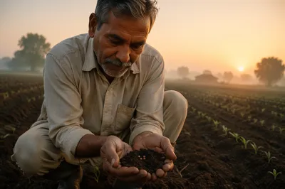 Farmer Holding Soil and Seeds at Dawn