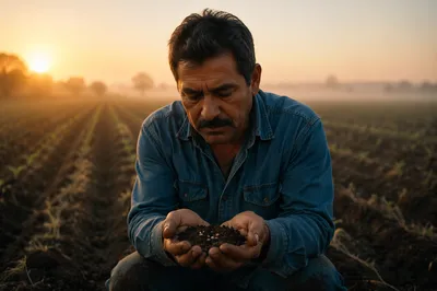 Farmer Holding Soil and Seeds at Sunrise