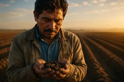 Farmer Holding Soil and Seeds at Sunrise