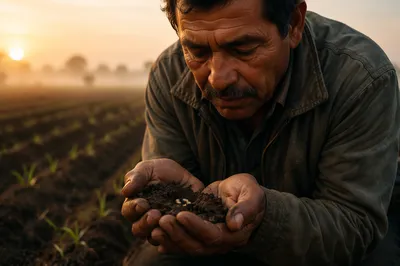 Farmer Holding Soil and Seeds at Dawn