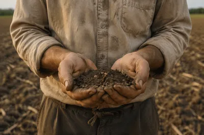 Praying Farmer Hands Holding Soil and Seeds