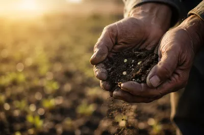 Prayerful Farmer Hands Holding Soil and Seeds