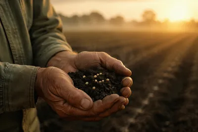 Praying Farmer Hands Holding Seeds and Soil
