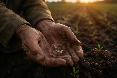 Farmer Hands Praying Over Seeds and Soil