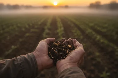 Prayerful Farmer Hands Holding Soil and Seeds