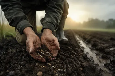 Farmer Hands Praying Over Soil and Seeds