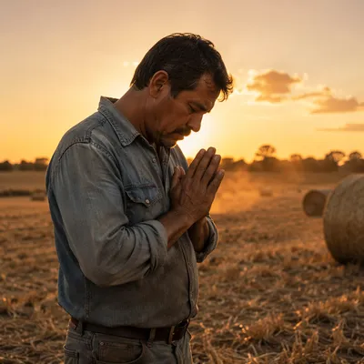 Farmer Praying by Harvested Wheat Field