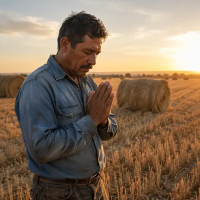 Farmer Praying by Harvested Wheat Field