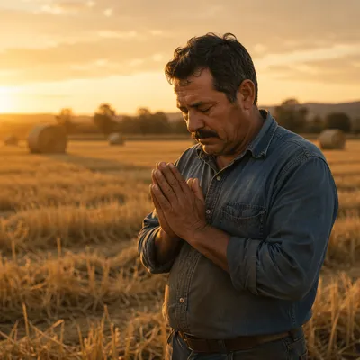 Farmer Praying by Harvested Wheat Field