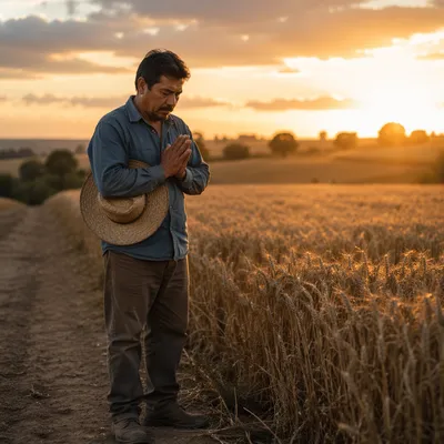 Farmer Praying Beside Wheat Field at Sunset