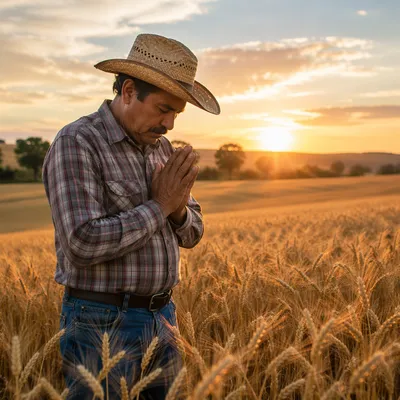 Farmer Praying in Golden Wheat Field